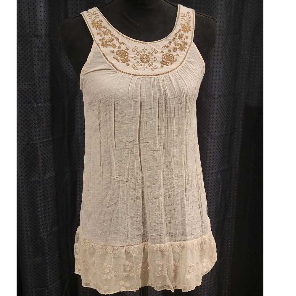 Countess Cream Boho Crinkle Gauze Tunic Top Embroidered Lace Hem Small S21517